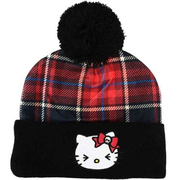 Hello Kitty Winter Hat Punk Red Plaid Black Pompom - Picture 1 of 2